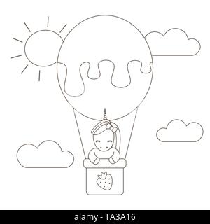 Cute cartoon schwarze und weiße Einhorn fliegen mit dem Heißluftballon in den Himmel Vektor flachbild Abbildung für die Einfärbung von Kunst Stock Vektor