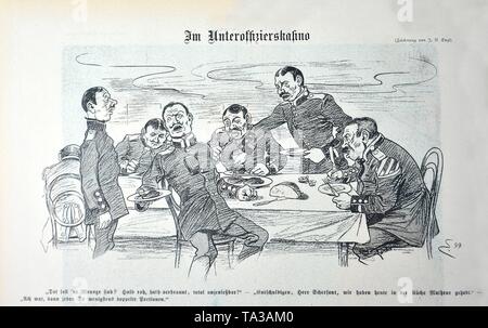 Die Zeichnung "im Unteroffizierskasino" (In der Unteroffiziere' casino) von Josef Benedikt Engl. Karikatur aus der satirischen Zeitschrift implicissimus', Band 4, Ausgabe Nr. 39 (1900) S. 314. Stockfoto