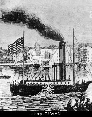 Die 'North River Steamboat" (auch: "Clermont") der Ingenieur Robert Fulton war der erste kommerziell erfolgreiche Steamboat in der Welt. Das Bild zeigt die "Clermont" auf Jungfernfahrt auf den Hudson River. Stockfoto