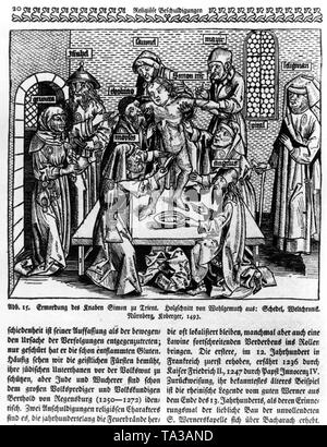 Das martyrium von Simon. Der junge Simon in der Mitte ist, ist er von den Juden, die ihn quälen umgeben sind. Holzschnitt von Wohlgemuth aus der Weltchronik (Chronik der Welt) von Schedel, Nürnberg, Koberger. Stockfoto