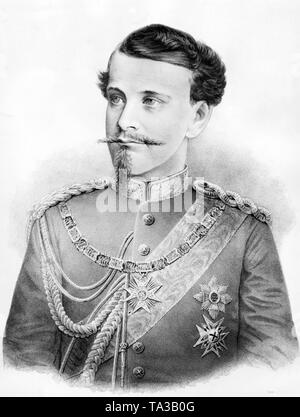 Dieses Foto zeigt König Otto I. von Bayern, der jüngere Bruder von Ludwig II. In dieser Malerei, Otto I trägt den Kragen und das Kreuz des Ordens von St. George. Die Reihenfolge der St. George war der berühmteste Bayerische ritterlichen um und es ist immer noch die Hausordnung der Wittelsbacher. Otto konnte ich nicht den Thron nach Ludwigs Tod wegen der geistigen Umnachtung. Prinzregent Luitpold ordnete an seinem Platz und von 1912 Ludwig III. Undatiertes Porträt, vermutlich aus den 1870er Jahren. Stockfoto