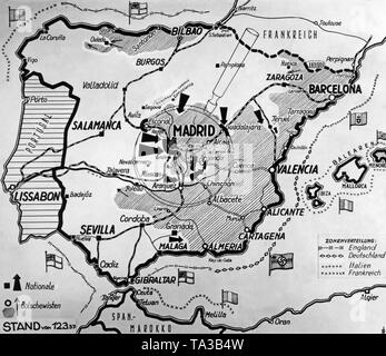 Karte von Spanien mit seinen Grenzen am 12. März 1937. Die Gebiete, die von der Republik gehalten sind schattiert. Nach der Legende, die Republikaner sind Bolschewiki genannt. Pfeile zeigen die Offensiven der Spanischen Nationalen Fraktion. Stockfoto