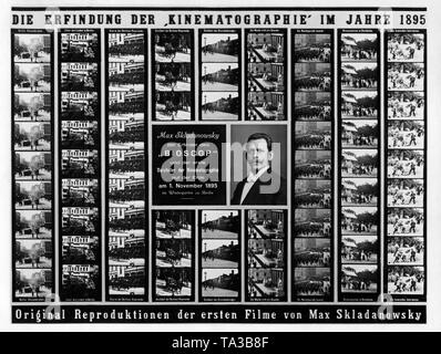 Ein Plakat wirbt für die Vorführung von Filmen Filmpionier Max Skladanwsky im Wintergarten, Belin. Um Skladanowsky das Porträt, bildstreifen für seine Bioscope. Ein bioscope ist ein Projektor, der für das Screening verwendet wurde. Stockfoto