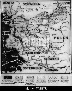 Karte von alliierten Besatzungszonen und die territoriale Verluste in Ostpreußen Stockfoto