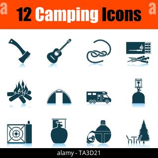 Camping Icon Set. Schatten Reflexion Design. Vector Illustration. Stock Vektor