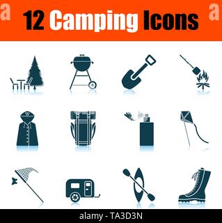 Camping Icon Set. Schatten Reflexion Design. Vector Illustration. Stock Vektor