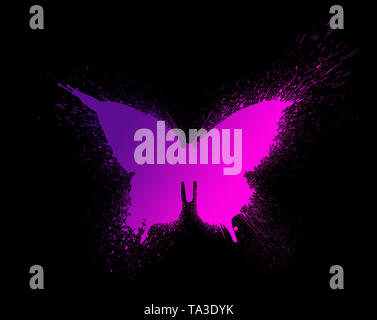Schmetterling Silhouette mit Farbe Spritzer und Flecken mit einer schönen bunten und hellen Gradient, auf einem schwarzen Hintergrund. Stockfoto