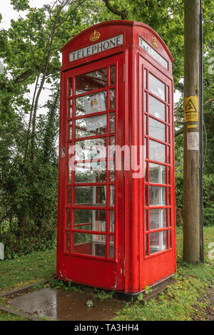 Rote alte Telefonzelle, die an einem regnerischen Tag in Fritham, New Forest, England, Großbritannien, zu einer Bibliothek umgebaut wurde Stockfoto