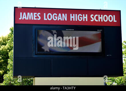 James Logan High School elektronisches Zeichen, Union City, Kalifornien Stockfoto