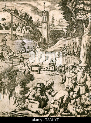 Die zeitgenössische Gravur zeigt die Gräueltaten, die von der Schwedischen Soldaten während des Dreißigjährigen Krieges in Deutschland verpflichtet. Im Vordergrund auf der rechten Seite ist eine Darstellung der chwedentrunk" genannt, mit Hilfe eines in den Mund geschoben Trichter, soviel Flüssigkeit wurde gewaltsam in den Mund des Opfers bis zu seinem Darm burst gegossen. Stockfoto