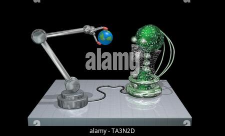 Robot Arm ball Picks, Globus, untersucht es mit AI-Kopf, Augen. 3D-Rendering Stockfoto