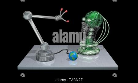 Robot Arm ball Picks, Globus, untersucht es mit AI-Kopf, Augen. 3D-Rendering Stockfoto