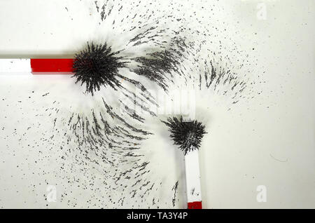 Die Linien der Kräfte um zwei Magnete mit Zusammenführen von magnetischen Feldern, sondern in einem Winkel angeordnet, das Magnetfeld ist dargestellt mit Bügeleisen Chips auf Stockfoto