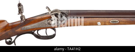 Ein percussion Rifle, Fischer und Sohn von Lübeck, um 1860 achteckiger Lauf im Kaliber 12 mm, oben verzahnt vor Augen, verstellbare Kimme und Signatur, raue Bohrung mit guten durchforsten. Patent breechblock und Tang eingraviert, Aperture den Blick auf die Kleinen aus dem Bestand. Hinten positioniert, percussion Schloss mit Nippel protector und Auslösen. Walnuss halfstock, Verteilerkasten, graviert Eisen Möbel. Ladestock aus Holz mit Messing-Tipp. Länge 114 cm. historischen, historische, zivile Langwaffen, Waffe, Waffen, Waffen, Waffen, arm, 19. Jahrhundert, Additional-Rights - Clearance-Info - Not-Available Stockfoto