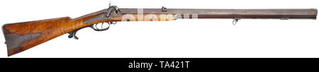 Ein percussion Rifle, Tanner und Söhne von Hannover, um 1860, achteckiger Lauf in 12,5 mm Kaliber. Leicht rauhe Bohrung mit guten durchforsten, auf Signatur sowie verzahnt vor Augen und verstellbare Kimme (Schlüssel im Patch Box). Fein graviertem hinten positioniert, percussion Schloss mit Nippel Protector. Satz auslösen. Licht halfstock mit en suite graviert Eisenmöbel und Horn Fingerauflage. Holz- ladestock mit Horn Tipp. Länge 113 cm. historischen, historische, zivile Langwaffen, Waffe, Waffen, Waffen, Waffen, arm, 19. Jahrhundert, Additional-Rights - Clearance-Info - Not-Available Stockfoto