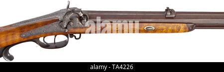 Ein percussion Rifle, Tanner und Söhne von Hannover, um 1860, achteckiger Lauf in 12,5 mm Kaliber. Leicht rauhe Bohrung mit guten durchforsten, auf Signatur sowie verzahnt vor Augen und verstellbare Kimme (Schlüssel im Patch Box). Fein graviertem hinten positioniert, percussion Schloss mit Nippel Protector. Satz auslösen. Licht halfstock mit en suite graviert Eisenmöbel und Horn Fingerauflage. Holz- ladestock mit Horn Tipp. Länge 113 cm. historischen, historische, zivile Langwaffen, Waffe, Waffen, Waffen, Waffen, arm, 19. Jahrhundert, Additional-Rights - Clearance-Info - Not-Available Stockfoto