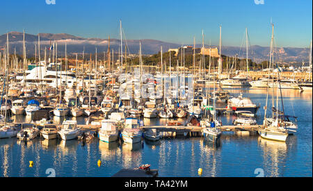 Antibes Waterfront und Port Vauban Hafen Panoramaaussicht, Alpen, Südfrankreich Stockfoto