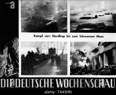 Bilder der Deutschen Wochenschau zu Beginn der Russischen Kampagne: Luftangriff auf sowjetische Positionen (oben links), Bildung von deutschen Heinkel He-111 Bomber (rechts oben), Deutscher Schützenpanzer des Typs Sdkfz 251 (unten links), Deutsche Infanterie im Kampf (rechts unten). Stockfoto