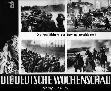 Bilder der Deutschen Wochenschau zu Beginn der Russischen Kampagne: Deutsche 8,8-cm Flak 18/36/37 im Bodenkampf (oben links), Deutsche Infanterie in einem brennenden Dorf (rechts oben), Deutsche Infanterie auf dem März (unten links), Deutsche Kavallerie auf dem März (rechts unten). Stockfoto