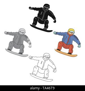 Der Athlet mit der blauen Jacke und rote Hosen auf einem Snowboard. Snowboarder bei den Olympischen Spielen. Olympischen Sportarten einzelnen Symbol im Cartoon, schwarze Art vector Sym Stock Vektor