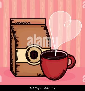 Kaffeetasse mit Tasche Produkt Vector Illustration Design Stock Vektor