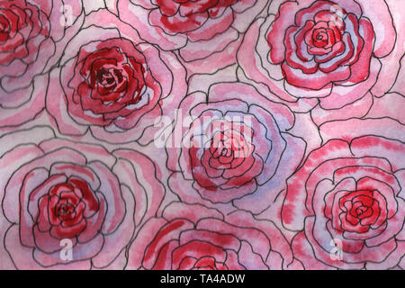 Aquarell von Hand gemalten Hintergrund Abbildung. Aquarell rosa-roten blurry Rosen Stockfoto