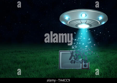3D-Rendering von UFO in Luft bei Nacht mit Licht aus der offenen Luke kommen auf alten TV-Set Start in die Partikeln auf den grünen Rasen zu lösen. Stockfoto