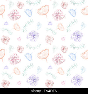 Nahtlose niedliche bunte Muster mit Blumen von Tulip, Lily und verlässt. weißen Hintergrund. Zeichnung, Grafik. Natur Illustration für Design. Stockfoto