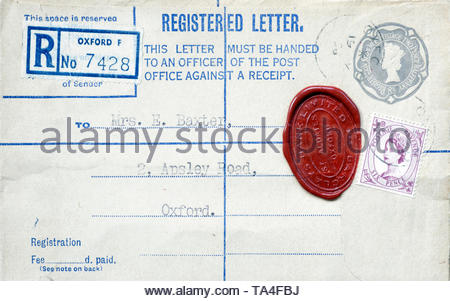 Britische Einschreiben mit Wachssiegel aus dem Jahr 1956 Stockfoto