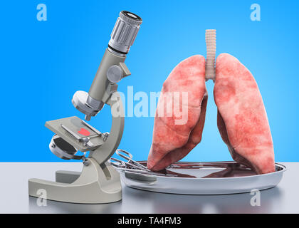 Forschung und Diagnostik der Lunge Krankheit Konzept. Labor Mikroskop mit menschlichen Lunge, 3D-Rendering Stockfoto