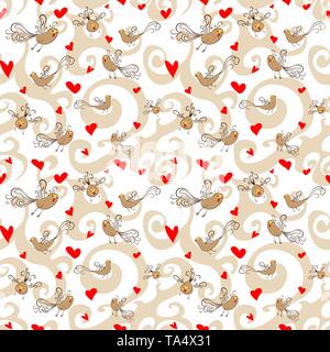 Vektor nahtlose Muster mit Vögeln und Herzen. Stock Vektor