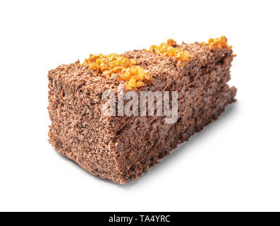 Stück leckeren Schokoladenkuchen auf weißem Hintergrund Stockfoto