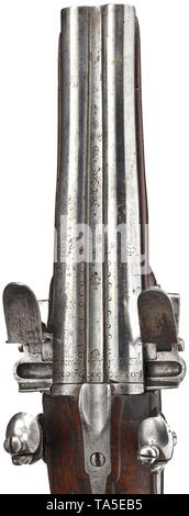 Ein französisches Paar double-barrel flintlock Pistolen, circa 1780 Parallel Fässer mit glatten Bohrungen in 13-mm-Kaliber. Bei den Hosen (gerieben) Ornamental mit Resten der Vergoldung eingraviert. Glatte flintlocks mit Blumen leicht geschnitzt Nussbaum stocks und glatte Eisen Möbel. Holz- Rammb ken mit Knochen Tipps ersetzt. Länge 31,5 cm. historischen, geschichtlichen, der Pistole, zivile Faustfeuerwaffen, Handheld, Waffe, Waffen, Schusswaffen, Feuer arm, Schusswaffen, Waffen, Waffen, Waffen, Waffen, arm, 18. Jahrhundert, Additional-Rights - Clearance-Info - Not-Available Stockfoto