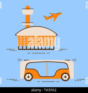 Selbstfahrer Transport der Passagiere zum Flughafen. Automatisierte Bus, autonome Fahrzeug, fahrerlose Bus. Den wissenschaftlichen und technischen Fortschritt. Neue techn Stock Vektor