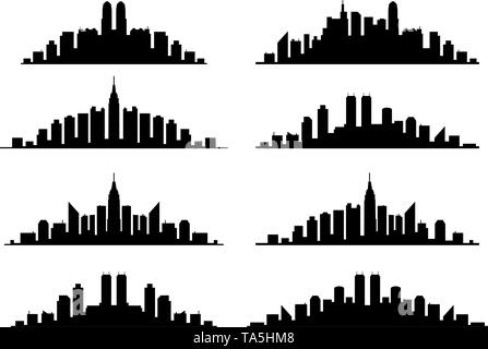 Vektor einrichten der Schwarzen und der Weißen Stadt oder Stadt Skyline Grafik. Stadt Konturen der Gebäude. urban Hintergründe Stock Vektor