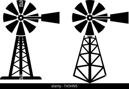 Vector schwarz und weiße Symbole der ländlichen Windpump. Silhouette der Farm wind Mühle. Windpump Symbole auf weißem Hintergrund Stock Vektor