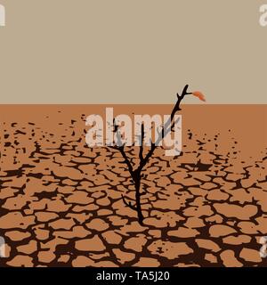 Vector Abbildung: Ein einsamer Baum in der trockenen Wüste. Boden Schaden der Dürre. Erwärmung des trockenen Abbildung Stock Vektor