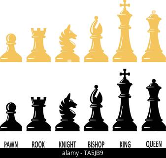 Vektor Schachfigur für Logo Design. Bauer, Turm, Ritter, Bischof, König und Königin schwarz und weiß Schach Symbole auf weißem Hintergrund Stock Vektor