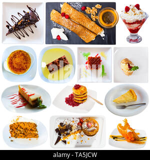 Satz von köstlichen Desserts auf weißem Hintergrund Stockfoto