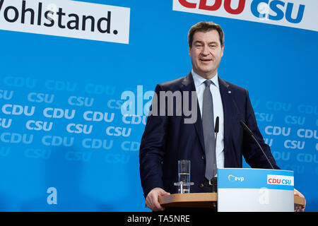 25.03.2019, Berlin, Berlin, Deutschland - Markus Soeder, Vorsitzender der CSU und Ministerpräsident von Bayern. Auf einer Pressekonferenz von CDU und CSU auf der joi Stockfoto