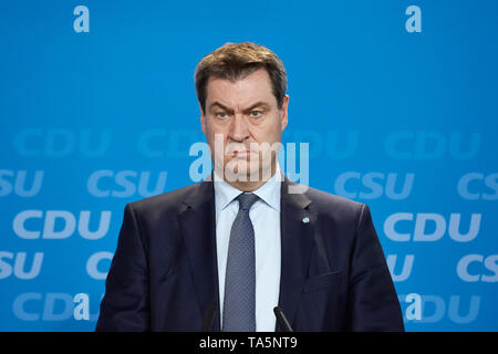 25.03.2019, Berlin, Berlin, Deutschland - Markus Soeder, Vorsitzender der CSU und Ministerpräsident von Bayern. Auf einer Pressekonferenz von CDU und CSU auf der joi Stockfoto