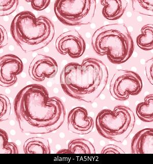 Schönen Handgemalten Aquarell Herzen mit zufälliger weiße Tupfen. Die nahtlose Vektor Muster auf rosa Hintergrund. Toll für Valentine, romantisch Stock Vektor