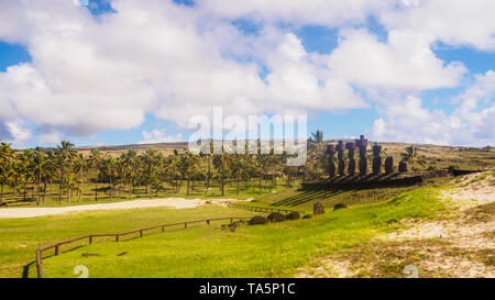 Moai von Ahu Nau Nau am Strand von Anakena auf der Osterinsel. Rapa Nui Kultur Chile Stockfoto