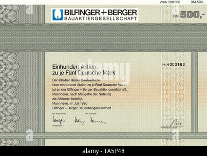 Historische Wertpapiere, Zertifikat, Zertifikat, Träger rechtfertigen, Deutschland, Historische Aktie, 100 Aktien zu 5 DM, der Bau- und Dienstleistungskonzern Bilfinger + Berger Bauaktiengesellschaft, 1996, Mannheim, Deutschland, Europa Stockfoto