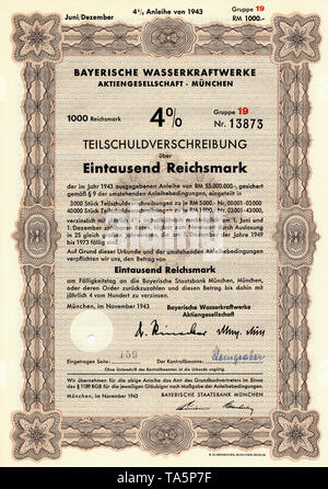 Historische Zertifikat, Reichsmark Verpflichtung, Deutschland, Historische Aktie, Schuldverschreibung der Bayerischen Wasserkraftwerke AG München, 1000 Reichsmark, 1943, Deutschland, Europa Stockfoto