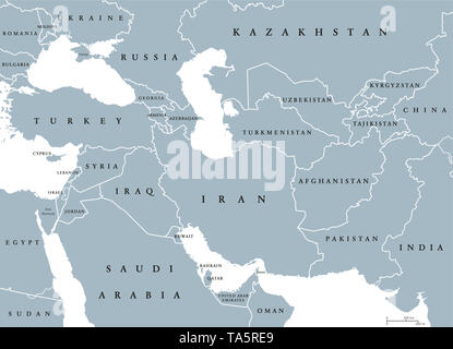 Südwesten Asien, politische Karte mit Grenzen. Auch als Westliche, Westen oder Südwesten Asien. Teilregion, Überschneidungen mit den Nahen und Mittleren Osten. Stockfoto