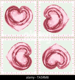 Jahrgang hand bemalt Rosa aquarell Herzen in gerahmten Pastell grüne Quadrate Nahtlose geometrischer Vektor Muster mit gestrichelten grünen Rand. Ideal für Stock Vektor