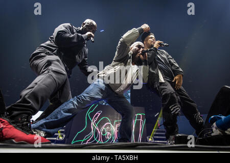 Dänemark, Kopenhagen - 21. Mai 2019. Der amerikanische Rap Gruppe De La Soul führt ein Live Konzert im Rahmen der Veranstaltung Götter von Rap im Royal Arena in Kopenhagen. Hier die Rapper Maseo (C), Trugoy (R) und Posdnuos (L) werden live auf der Bühne gesehen. (Foto: Gonzales Foto - Thomas Rasmussen). Stockfoto