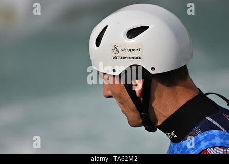 Lee Valley White Water Centre, Hertfordshire, Großbritannien. 22. Mai, 2019. David Florenz (C1M, drei - Zeit Olympia-zweite, drei Weltmeister). Kanuslalom Media Day. Lee Valley White Water entfernt. Hertfordshire. UK. 22.05.2019. Credit: Sport in Bildern/Alamy leben Nachrichten Stockfoto