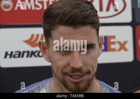 Cobham, Surrey, Großbritannien. 22. Mai, 2019. Chelsea Football Club Spieler sprechen Sie die Medien vor der Europa League am 29 Mai, 2019 in Baku, Aserbaidschan Hier: jorginho Credit: Motofoto/Alamy leben Nachrichten Stockfoto